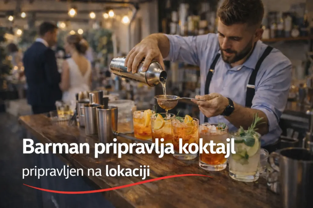 Barman pripravlja koktajle na poroki z mobilnim barom, profesionalna postrežba in tekoč potek strežbe na lokaciji