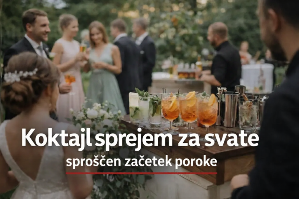 Koktajl sprejem za svate na poroki z mobilnim barom, izbrani koktajli na pultu in gostje v ozadju