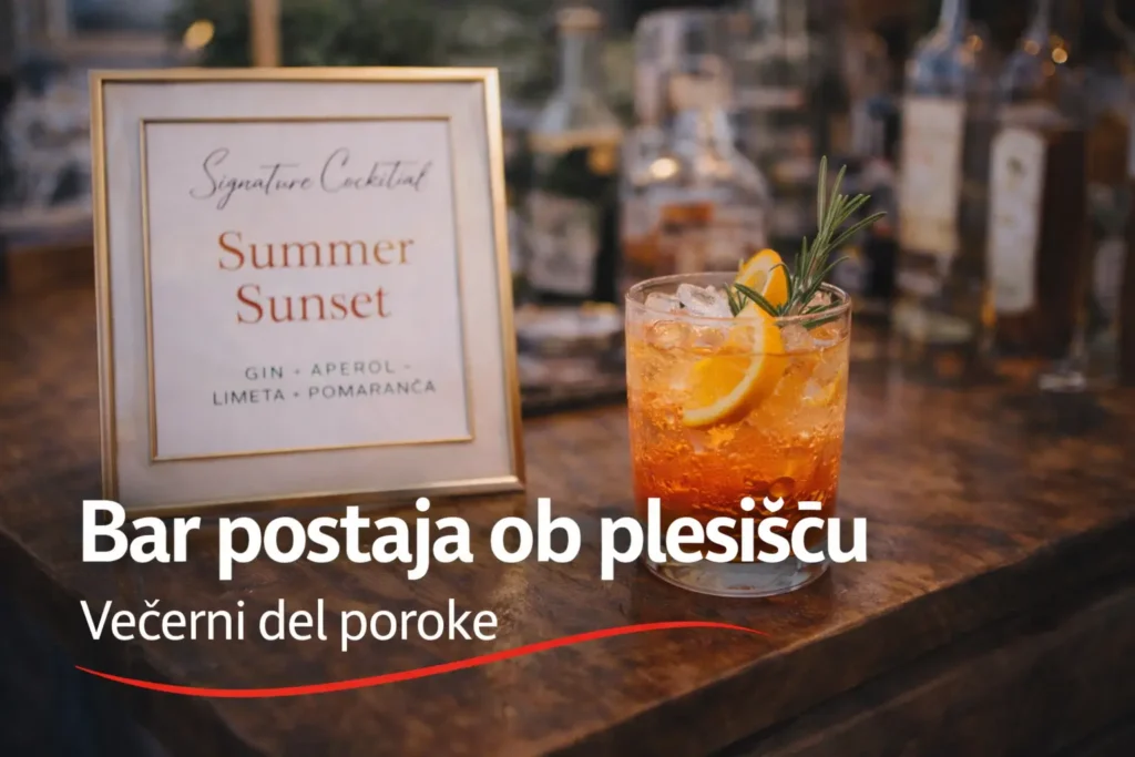 Podpisni poročni koktajl na mobilnem baru, pripravljen na lokaciji poroke in predstavljen kot del večerne postrežbe